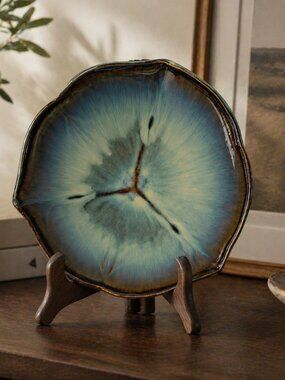 Bill Campbell VTG Art Pottery Blue Green Glazed Scalloped Lotus Bowl Signed